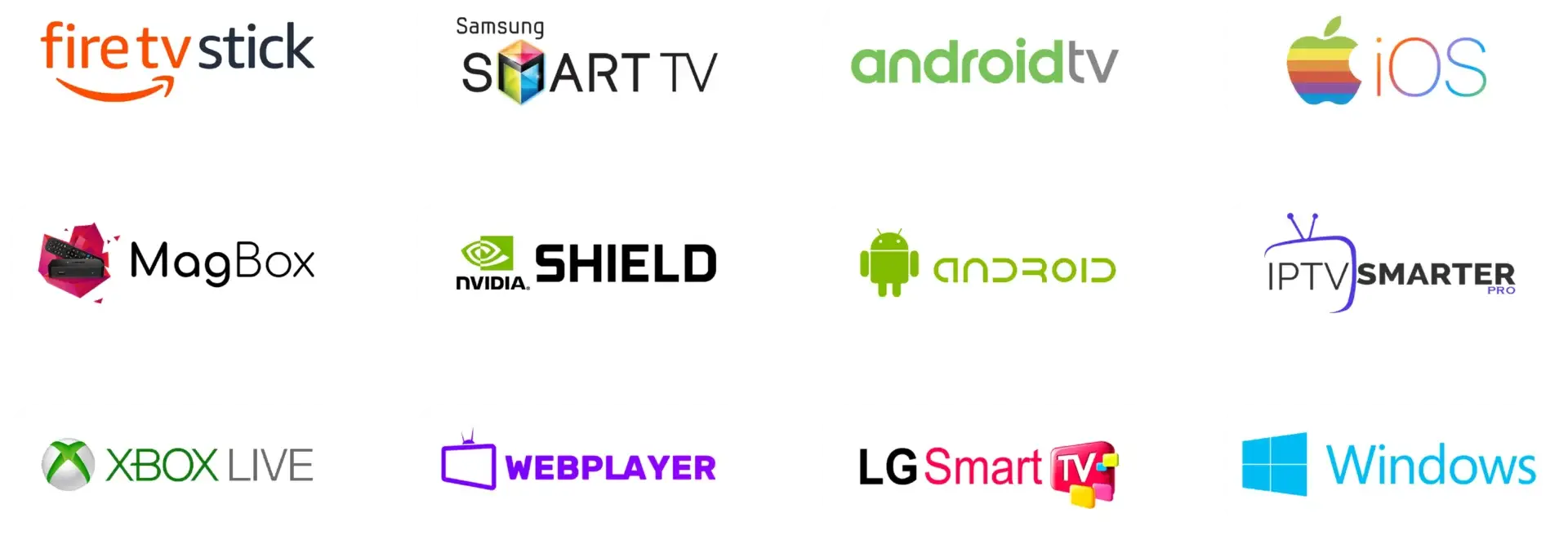 Supported platforms: Fire TV Stick, Samsung Smart TV, Android TV, iOS, MagBox, NVIDIA Shield, Android, IPTV Smarters Pro, Xbox Live, WebPlayer, LG Smart TV and Windows.