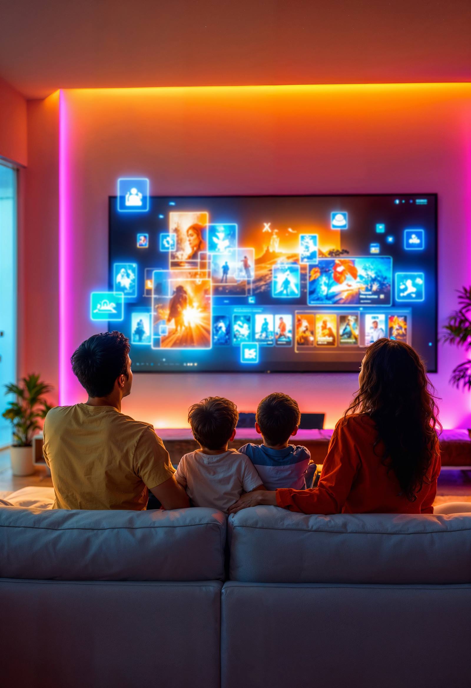 A family watching a 4K streaming interface on a large wall-mounted television in a neon-lit living room.